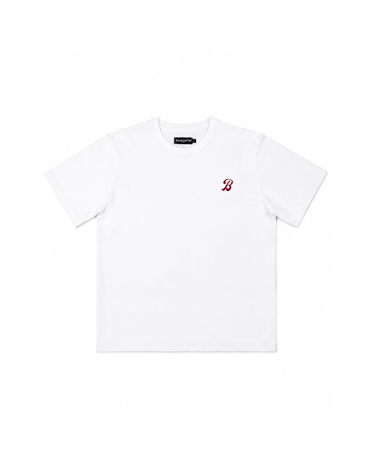 White Clubhouse Tee laid flat, front, with small red "B" logo on the chest