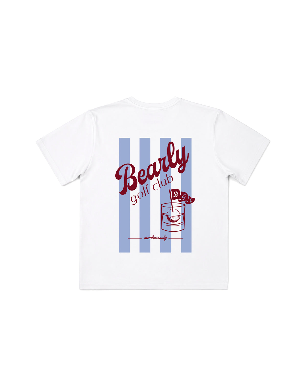 White Clubhouse Tee laid flat, back, showing blue vertical stripes, red "Bearly Golf Club" print and small cocktail icon