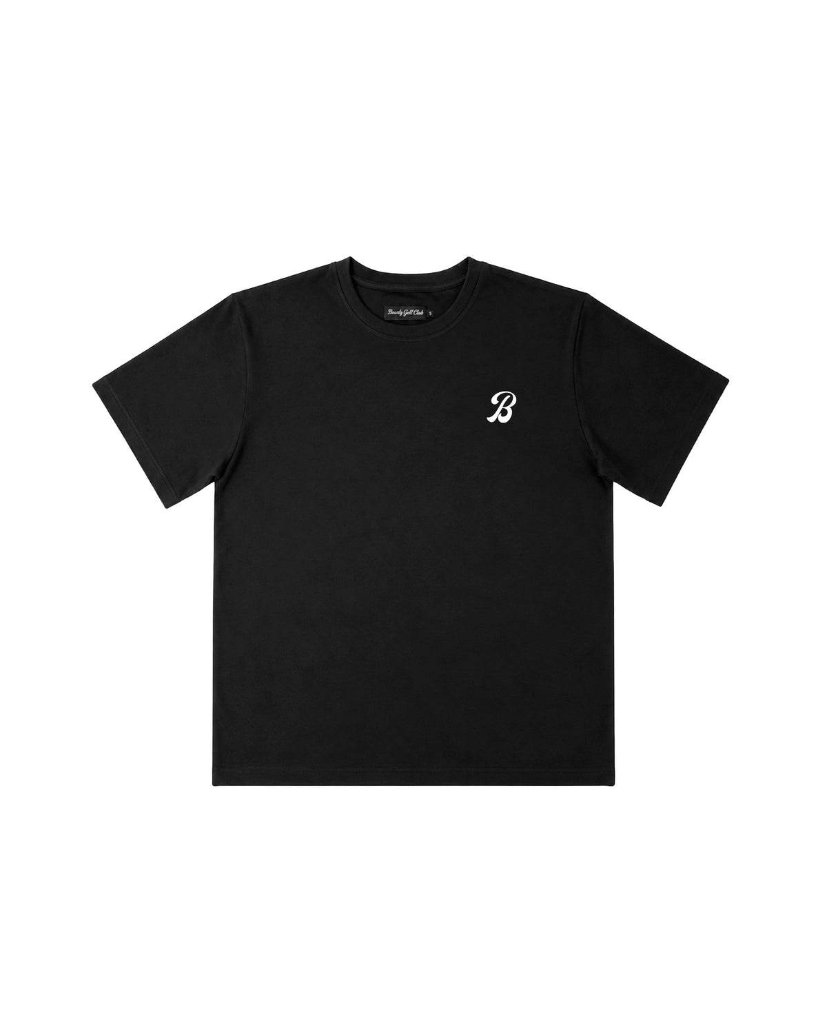 Black t-shirt laid flat, front, with small white embroidered "B" logo on the chest