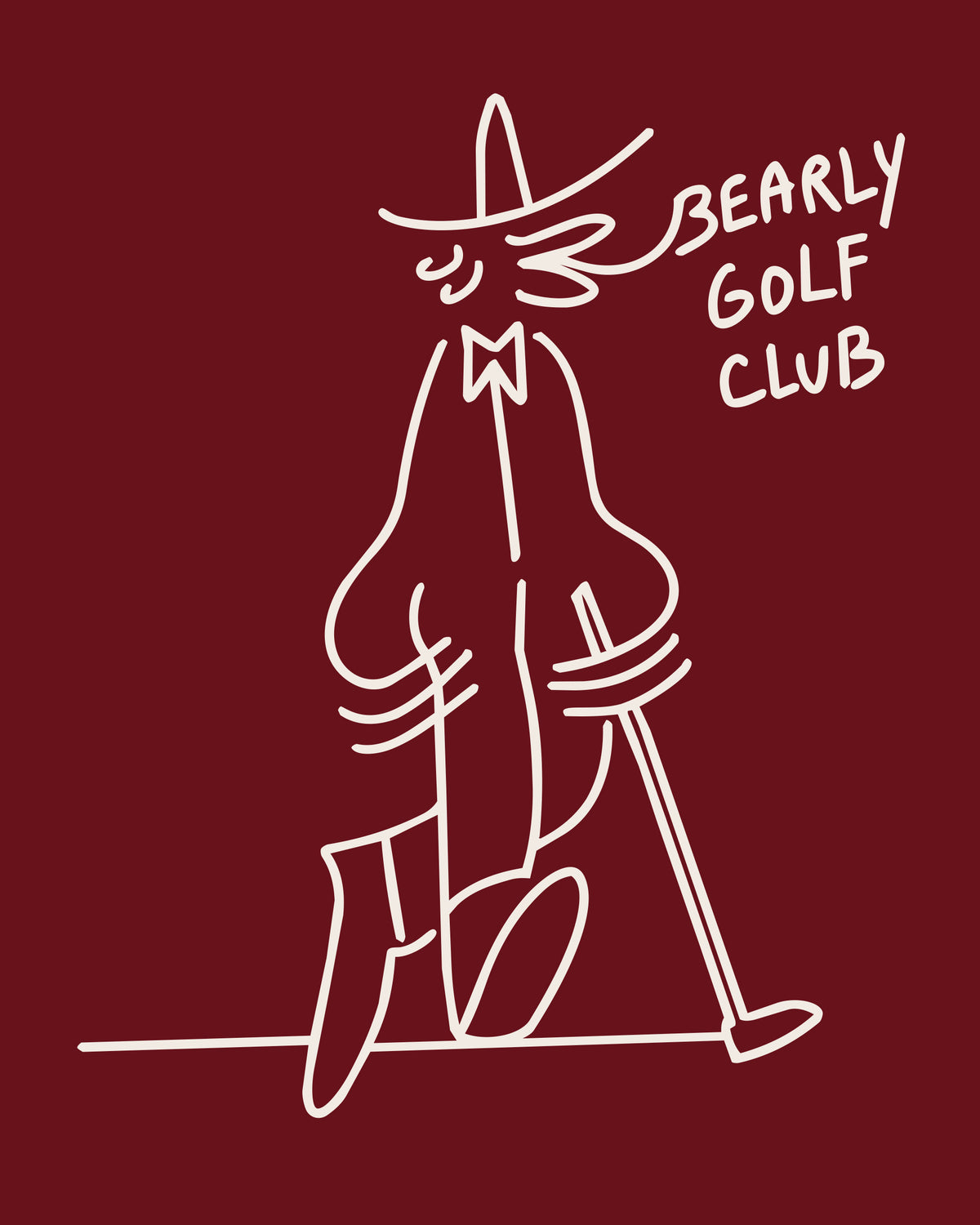 Close-up of the maroon print showing the white Gus Gus character line drawing and "Bearly Golf Club" text