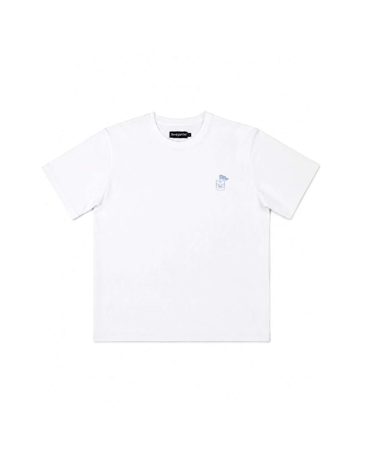 White Negroni Tee laid flat, front, with small cocktail-glass icon print on the chest