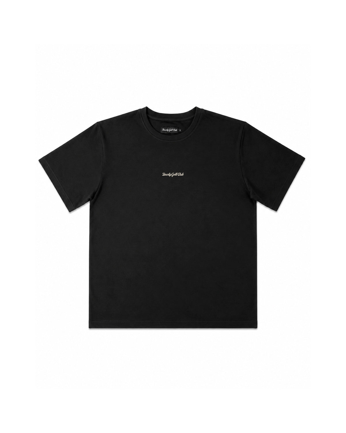 Black Après Tee laid flat, front, with small "Bearly Golf Club" script logo on the chest