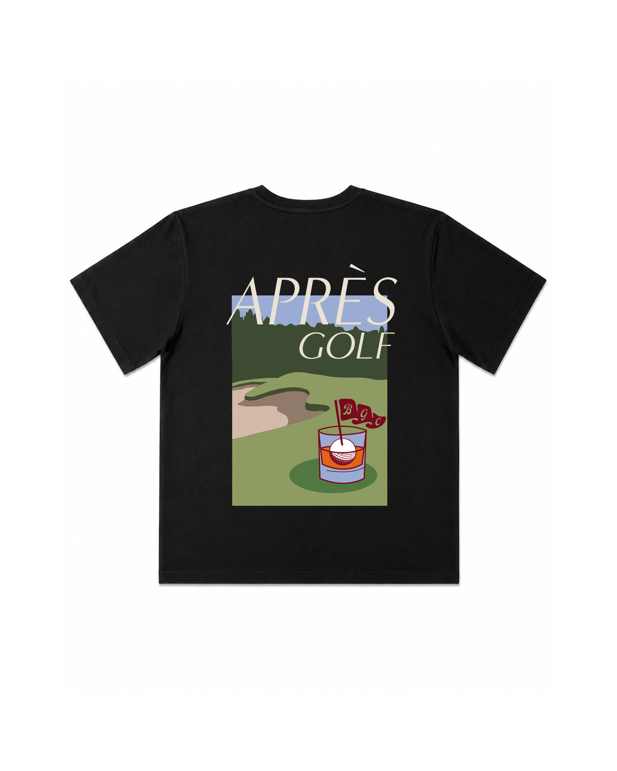 Black Après Tee laid flat, back, showing the full "Après Golf" golf-course graphic