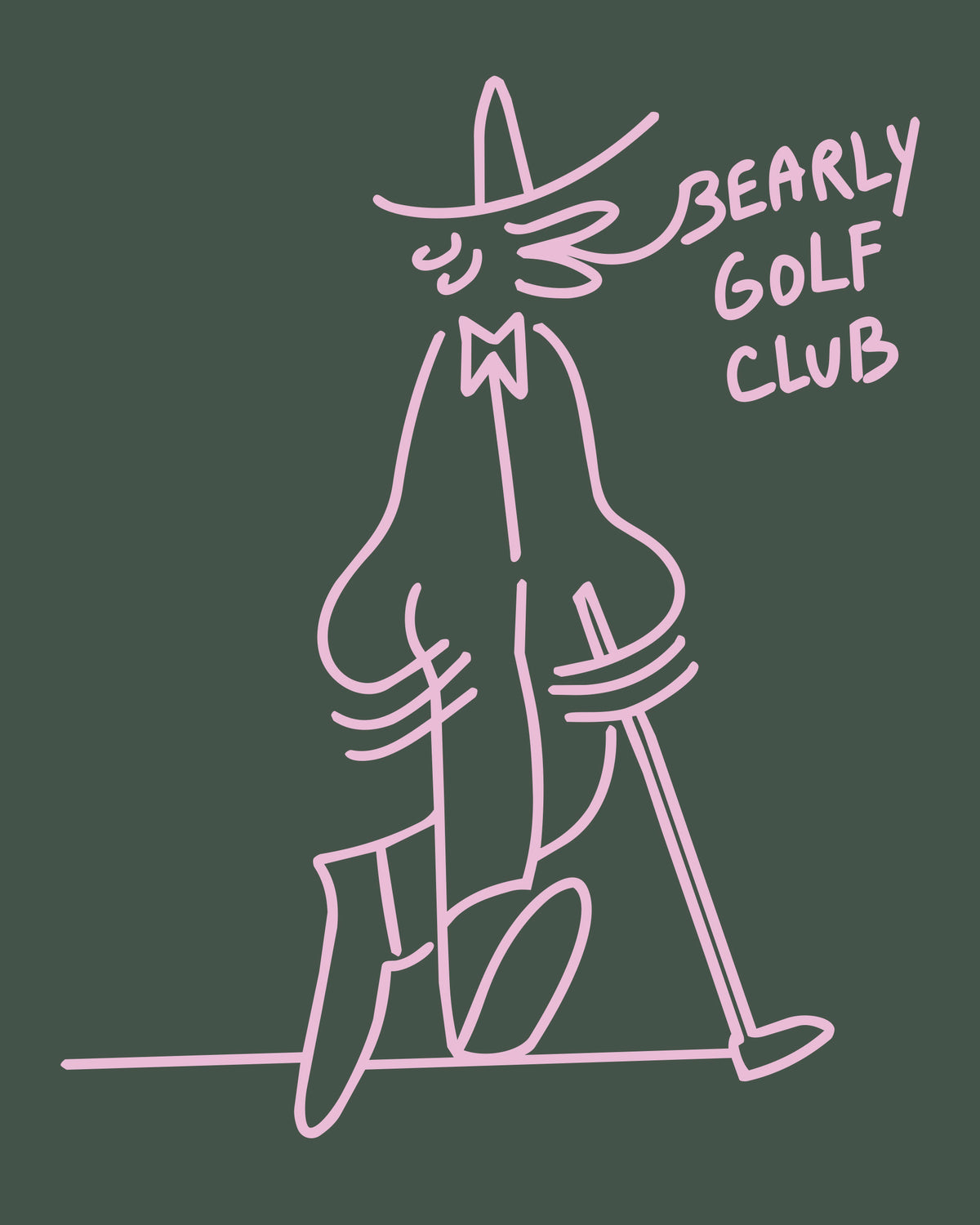Close-up of the dark green print showing the pink Gus Gus character line drawing and "Bearly Golf Club" text