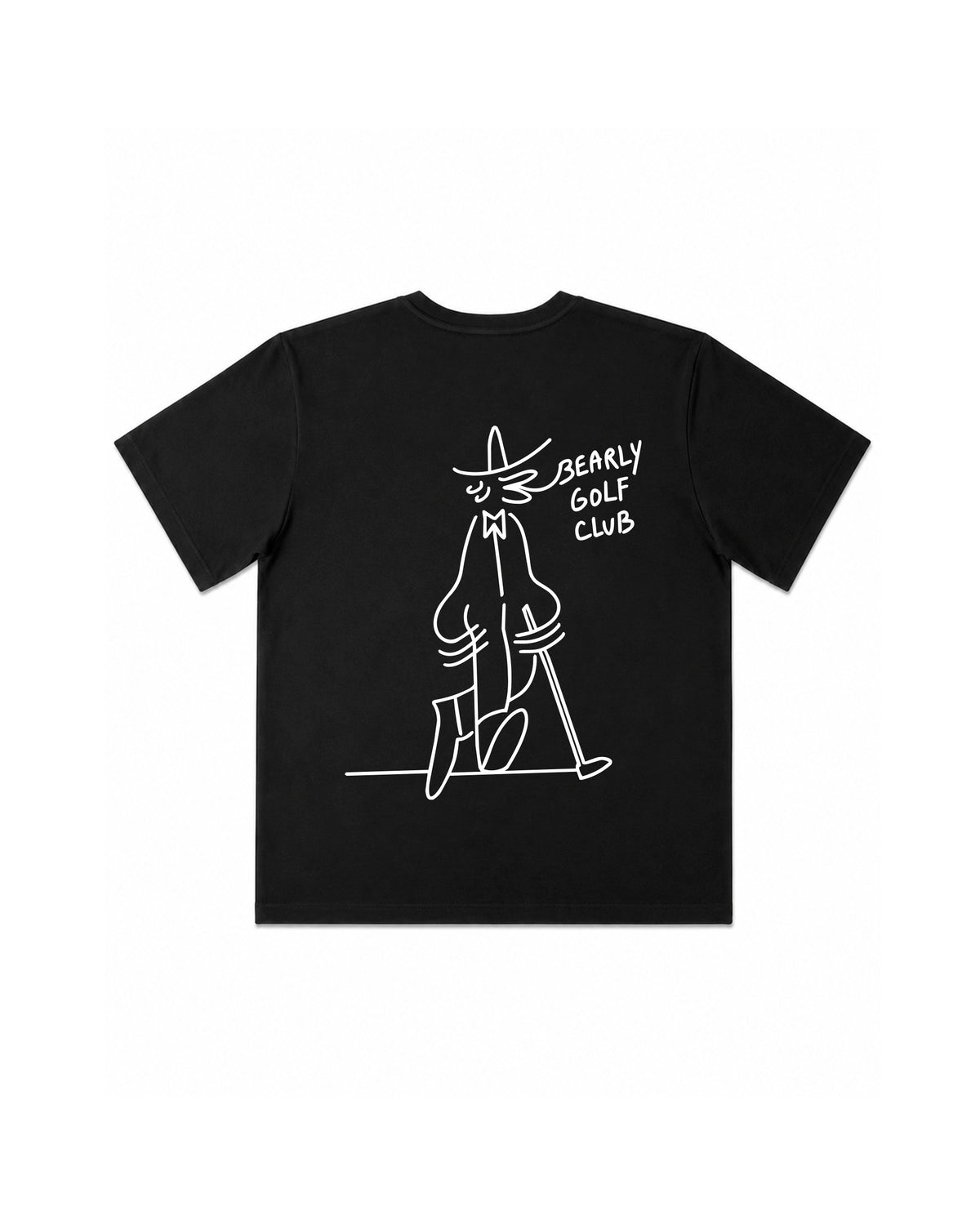 Black Gus Gus Tee laid flat, back, showing the full character artwork and "Bearly Golf Club" text